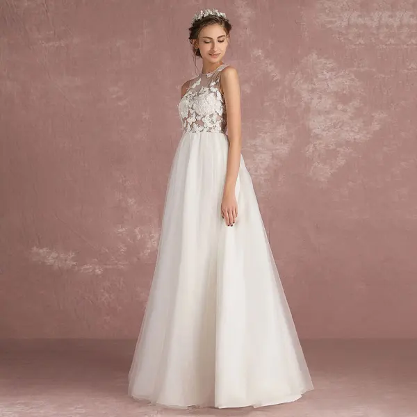 Sexy Ivory Pierced Wedding Dresses 2018 Empire Scoop Neck Sleeveless Appliques Butterfly Floor-Length / Long