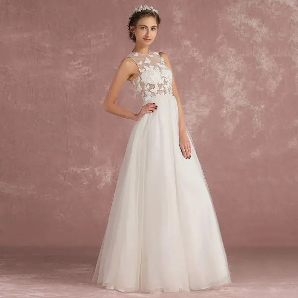 Sexy Ivory Pierced Wedding Dresses 2018 Empire Scoop Neck Sleeveless Appliques Butterfly Floor-Length / Long