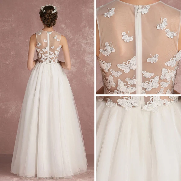 Sexy Ivory Pierced Wedding Dresses 2018 Empire Scoop Neck Sleeveless Appliques Butterfly Floor-Length / Long