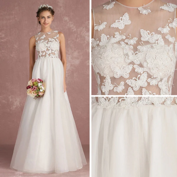 Sexy Ivory Pierced Wedding Dresses 2018 Empire Scoop Neck Sleeveless Appliques Butterfly Floor-Length / Long
