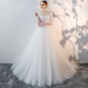 Charming Ivory Summer See Through Wedding Dresses 2018 A Line Princess Scoop Neck 3 4 Sleeve Backless Appliques Lace Pierced Ruffle Chapel Train