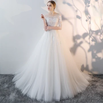 Charming Ivory Summer See Through Wedding Dresses 2018 A Line Princess Scoop Neck 3 4 Sleeve Backless Appliques Lace Pierced Ruffle Chapel Train