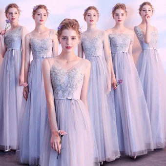 Abordable Gris Transparentes Robe Demoiselle D 039 Honneur 2018 Princesse Appliques En Dentelle Ceinture Longueur Cheville Volants Dos Nu Robe Pour Mariage
