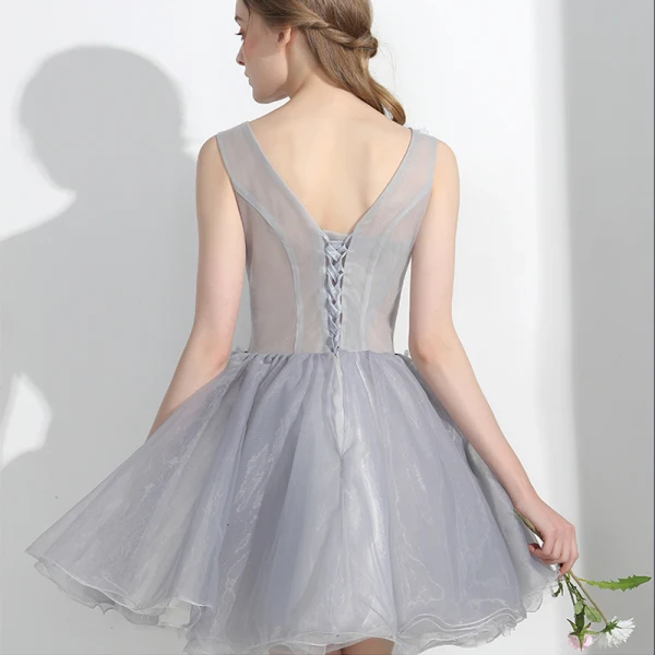 Chic / Beautiful Affordable Formal Dresses Party Dresses 2017 Lace Appliques Flower Backless V-Neck Sleeveless Short Grey Ball Gown