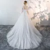 Charming Ivory Summer See-through Wedding Dresses 2018 A-Line / Princess Scoop Neck 3/4 Sleeve Backless Appliques Lace Pierced Ruffle Chapel Train