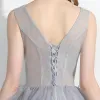 Chic / Beautiful Affordable Formal Dresses Party Dresses 2017 Lace Appliques Flower Backless V-Neck Sleeveless Short Grey Ball Gown
