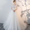 Charming Ivory Summer See-through Wedding Dresses 2018 A-Line / Princess Scoop Neck 3/4 Sleeve Backless Appliques Lace Pierced Ruffle Chapel Train