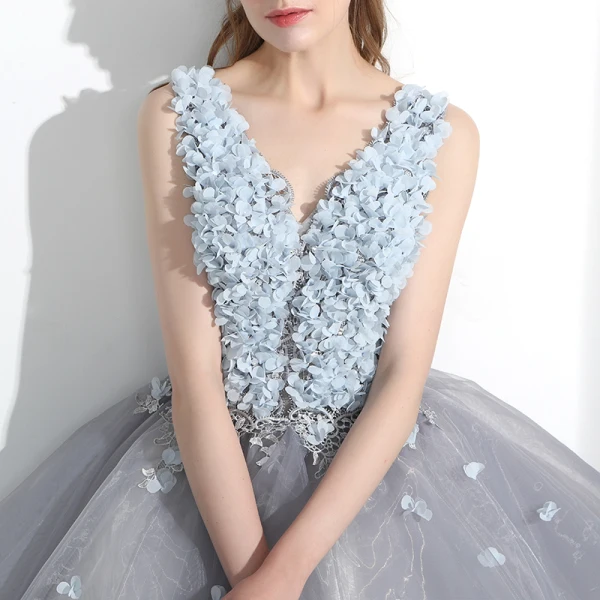 Chic / Beautiful Affordable Formal Dresses Party Dresses 2017 Lace Appliques Flower Backless V-Neck Sleeveless Short Grey Ball Gown