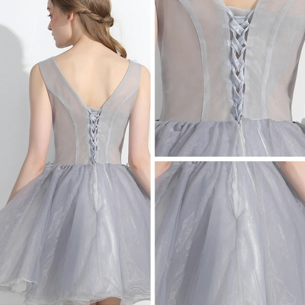 Chic / Beautiful Affordable Formal Dresses Party Dresses 2017 Lace Appliques Flower Backless V-Neck Sleeveless Short Grey Ball Gown