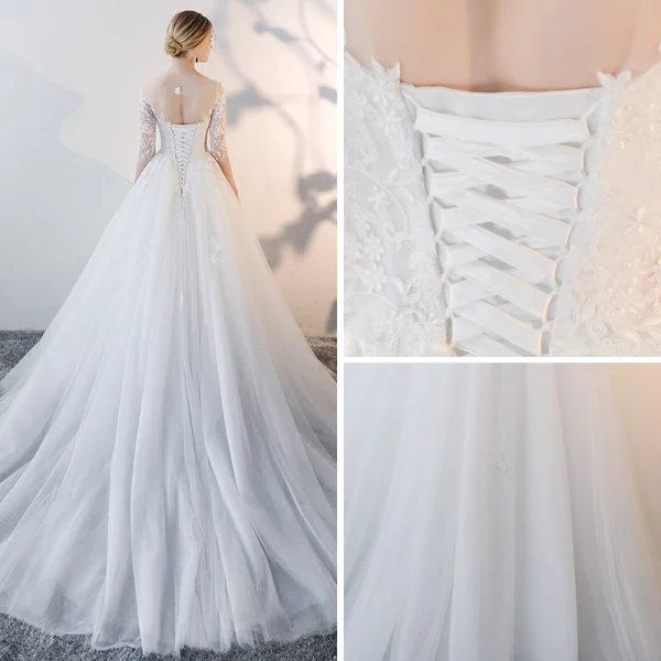 Charmant Ivory / Creme Sommer Durchsichtige Brautkleider 2018 A Linie Rundhalsausschnitt 3/4 Ärmel Rückenfreies Applikationen Mit Spitze Durchbohrt Rüschen Kapelle-Schleppe
