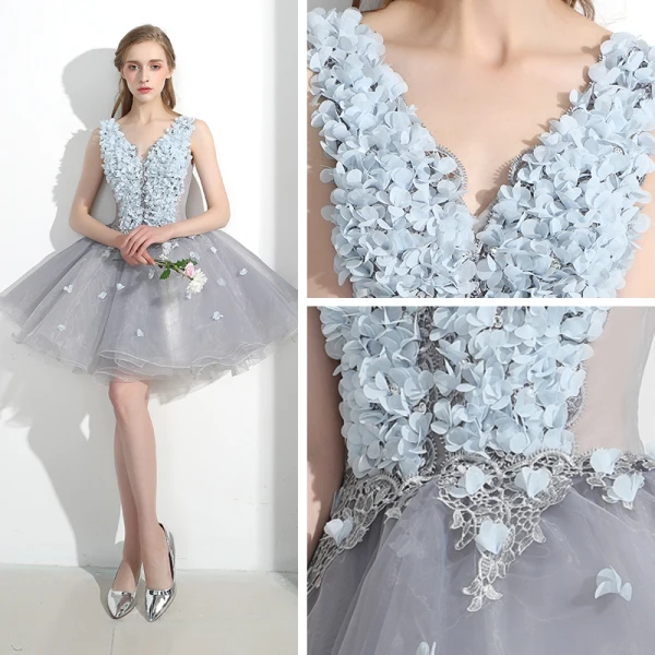 Chic / Beautiful Affordable Formal Dresses Party Dresses 2017 Lace Appliques Flower Backless V-Neck Sleeveless Short Grey Ball Gown