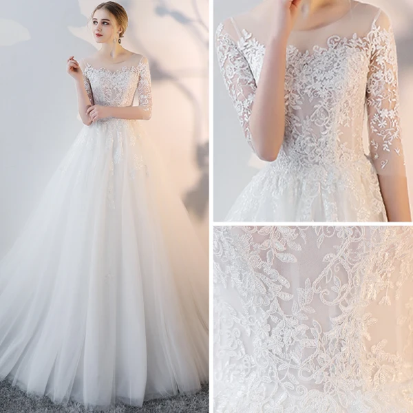 Charmant Ivory / Creme Sommer Durchsichtige Brautkleider 2018 A Linie Rundhalsausschnitt 3/4 Ärmel Rückenfreies Applikationen Mit Spitze Durchbohrt Rüschen Kapelle-Schleppe