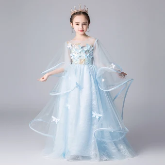 Elegant Sky Blue See Through Flower Girl Dresses 2019 A Line Princess Scoop Neck Bell Sleeves Appliques Flower Floor Length Long Ruffle Backless Wedding Party Dresses