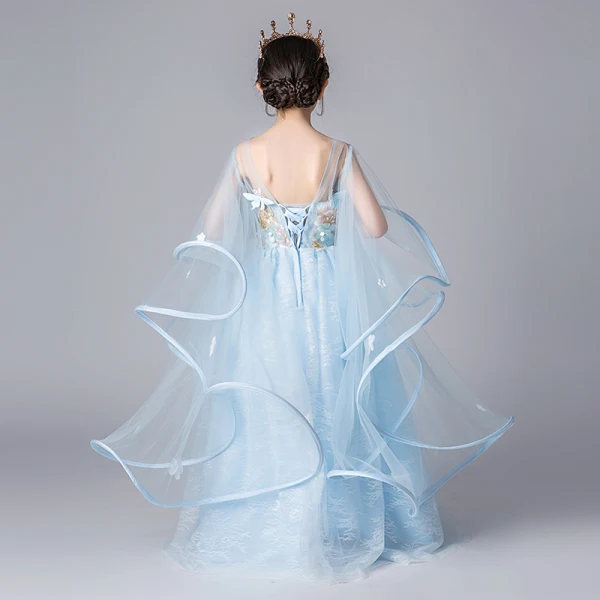 Elegant Sky Blue See-through Flower Girl Dresses 2019 A-Line / Princess Scoop Neck Bell sleeves Appliques Flower Floor-Length / Long Ruffle Backless Wedding Party Dresses