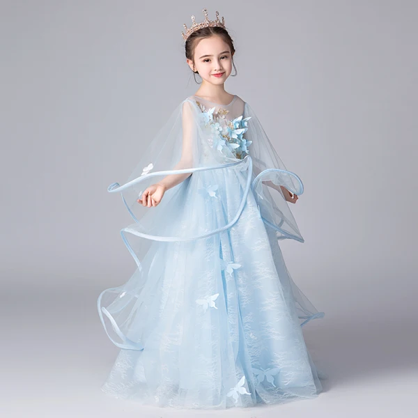 Elegant Sky Blue See-through Flower Girl Dresses 2019 A-Line / Princess Scoop Neck Bell sleeves Appliques Flower Floor-Length / Long Ruffle Backless Wedding Party Dresses