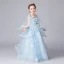 Elegant Sky Blue See-through Flower Girl Dresses 2019 A-Line / Princess Scoop Neck Bell sleeves Appliques Flower Floor-Length / Long Ruffle Backless Wedding Party Dresses