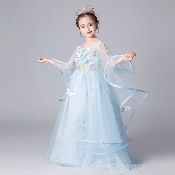 Elegant Sky Blue See-through Flower Girl Dresses 2019 A-Line / Princess Scoop Neck Bell sleeves Appliques Flower Floor-Length / Long Ruffle Backless Wedding Party Dresses
