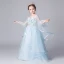 Elegant Sky Blue See-through Flower Girl Dresses 2019 A-Line / Princess Scoop Neck Bell sleeves Appliques Flower Floor-Length / Long Ruffle Backless Wedding Party Dresses