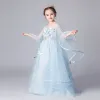 Élégant Bleu Ciel Transparentes Robe Ceremonie Fille 2019 Princesse Encolure Dégagée Manches de cloche Appliques Fleur Longue Volants Dos Nu Robe Pour Mariage