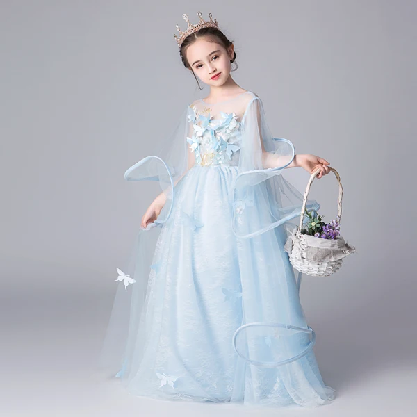 Elegant Sky Blue See-through Flower Girl Dresses 2019 A-Line / Princess Scoop Neck Bell sleeves Appliques Flower Floor-Length / Long Ruffle Backless Wedding Party Dresses