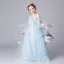 Elegant Sky Blue See-through Flower Girl Dresses 2019 A-Line / Princess Scoop Neck Bell sleeves Appliques Flower Floor-Length / Long Ruffle Backless Wedding Party Dresses