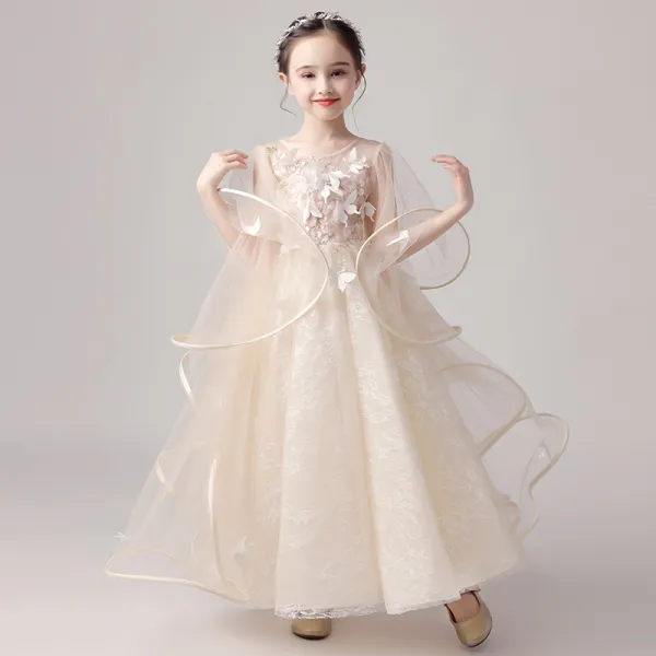 Elegant Sky Blue See-through Flower Girl Dresses 2019 A-Line / Princess Scoop Neck Bell sleeves Appliques Flower Floor-Length / Long Ruffle Backless Wedding Party Dresses