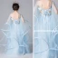 Elegant Sky Blue See-through Flower Girl Dresses 2019 A-Line / Princess Scoop Neck Bell sleeves Appliques Flower Floor-Length / Long Ruffle Backless Wedding Party Dresses