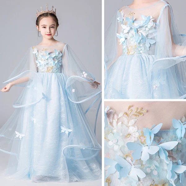 Elegant Sky Blue See-through Flower Girl Dresses 2019 A-Line / Princess Scoop Neck Bell sleeves Appliques Flower Floor-Length / Long Ruffle Backless Wedding Party Dresses