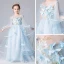 Elegant Sky Blue See-through Flower Girl Dresses 2019 A-Line / Princess Scoop Neck Bell sleeves Appliques Flower Floor-Length / Long Ruffle Backless Wedding Party Dresses