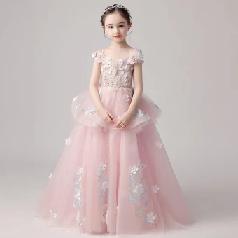 Chic Belle Perle Rose Robe Ceremonie Fille 2019 Robe Boule De L 039 Épaule Manches Courtes Appliques Fleur Perlage Perle Longue Volants Dos Nu Robe Pour Mariage