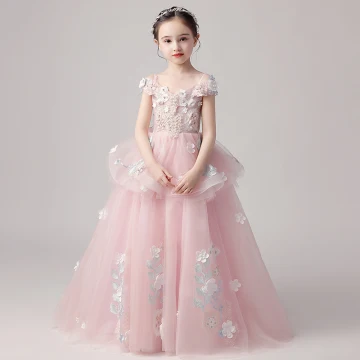 Chic Belle Perle Rose Robe Ceremonie Fille 2019 Robe Boule De L 039 Épaule Manches Courtes Appliques Fleur Perlage Perle Longue Volants Dos Nu Robe Pour Mariage