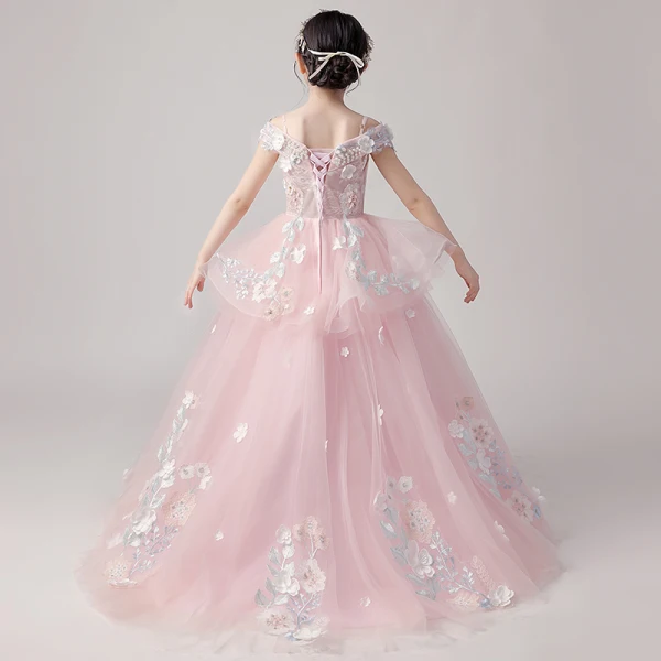 Chic / Beautiful Pearl Pink Flower Girl Dresses 2019 Ball Gown Off-The-Shoulder Short Sleeve Appliques Flower Beading Pearl Floor-Length / Long Ruffle Backless Wedding Party Dresses
