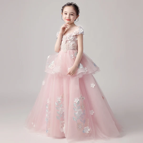 Chic / Beautiful Pearl Pink Flower Girl Dresses 2019 Ball Gown Off-The-Shoulder Short Sleeve Appliques Flower Beading Pearl Floor-Length / Long Ruffle Backless Wedding Party Dresses
