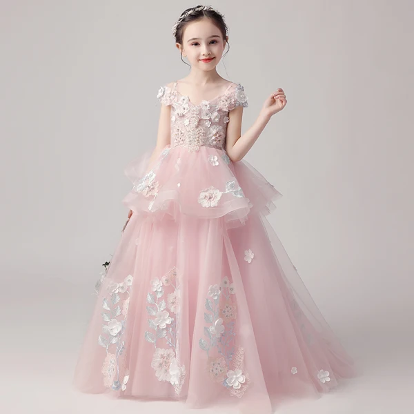 Chic / Beautiful Pearl Pink Flower Girl Dresses 2019 Ball Gown Off-The-Shoulder Short Sleeve Appliques Flower Beading Pearl Floor-Length / Long Ruffle Backless Wedding Party Dresses