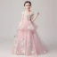 Chic / Beautiful Pearl Pink Flower Girl Dresses 2019 Ball Gown Off-The-Shoulder Short Sleeve Appliques Flower Beading Pearl Floor-Length / Long Ruffle Backless Wedding Party Dresses