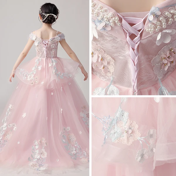 Chic / Beautiful Pearl Pink Flower Girl Dresses 2019 Ball Gown Off-The-Shoulder Short Sleeve Appliques Flower Beading Pearl Floor-Length / Long Ruffle Backless Wedding Party Dresses