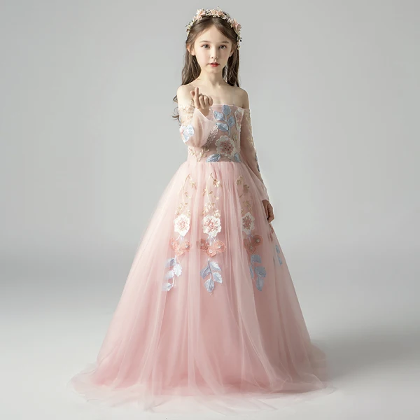 Elegant Pearl Pink Flower Girl Dresses 2019 A-Line / Princess Off-The-Shoulder Long Sleeve Appliques Lace Floor-Length / Long Ruffle Backless Wedding Party Dresses
