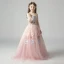 Elegant Pearl Pink Flower Girl Dresses 2019 A-Line / Princess Off-The-Shoulder Long Sleeve Appliques Lace Floor-Length / Long Ruffle Backless Wedding Party Dresses