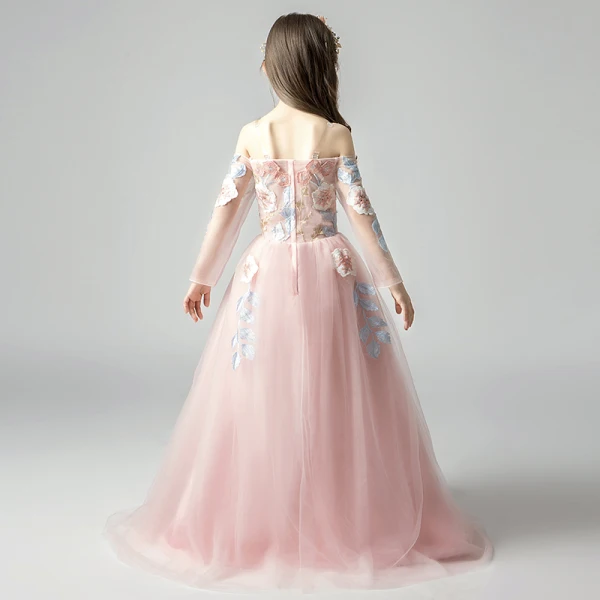 Elegant Pearl Pink Flower Girl Dresses 2019 A-Line / Princess Off-The-Shoulder Long Sleeve Appliques Lace Floor-Length / Long Ruffle Backless Wedding Party Dresses
