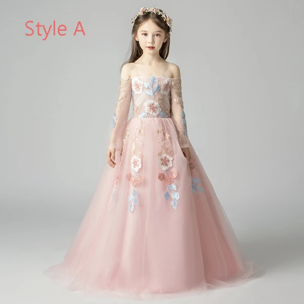 Elegant Pearl Pink Flower Girl Dresses 2019 A-Line / Princess Off-The-Shoulder Long Sleeve Appliques Lace Floor-Length / Long Ruffle Backless Wedding Party Dresses