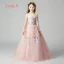 Elegant Pearl Pink Flower Girl Dresses 2019 A-Line / Princess Off-The-Shoulder Long Sleeve Appliques Lace Floor-Length / Long Ruffle Backless Wedding Party Dresses