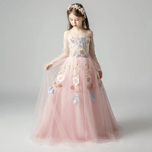 Élégant Perle Rose Robe Ceremonie Fille 2019 Princesse De L 039 Épaule Manches Longues Appliques En Dentelle Longue Volants Dos Nu Robe Pour Mariage