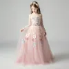 Elegant Pearl Pink Flower Girl Dresses 2019 A-Line / Princess Off-The-Shoulder Long Sleeve Appliques Lace Floor-Length / Long Ruffle Backless Wedding Party Dresses