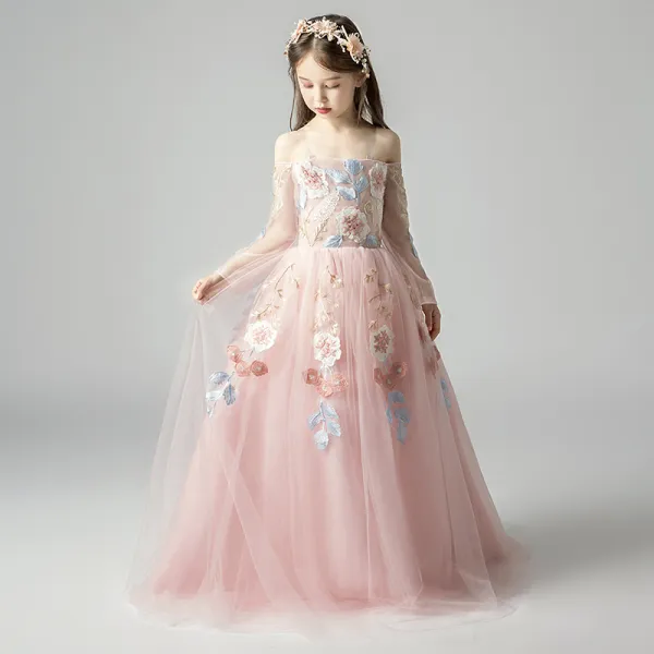 Elegant Pearl Pink Flower Girl Dresses 2019 A-Line / Princess Off-The-Shoulder Long Sleeve Appliques Lace Floor-Length / Long Ruffle Backless Wedding Party Dresses