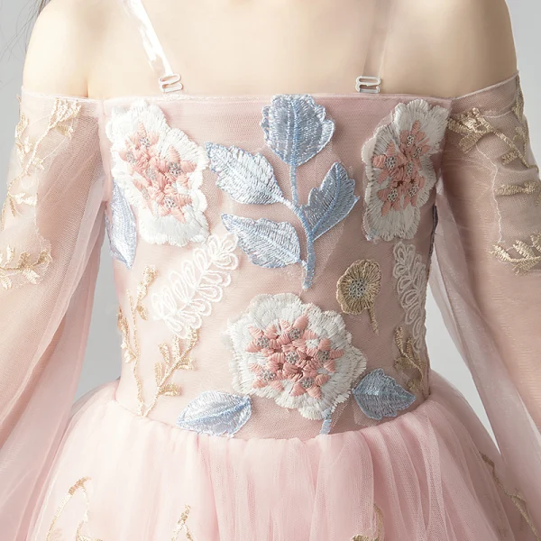 Elegant Pearl Pink Flower Girl Dresses 2019 A-Line / Princess Off-The-Shoulder Long Sleeve Appliques Lace Floor-Length / Long Ruffle Backless Wedding Party Dresses