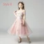 Elegant Pearl Pink Flower Girl Dresses 2019 A-Line / Princess Off-The-Shoulder Long Sleeve Appliques Lace Floor-Length / Long Ruffle Backless Wedding Party Dresses