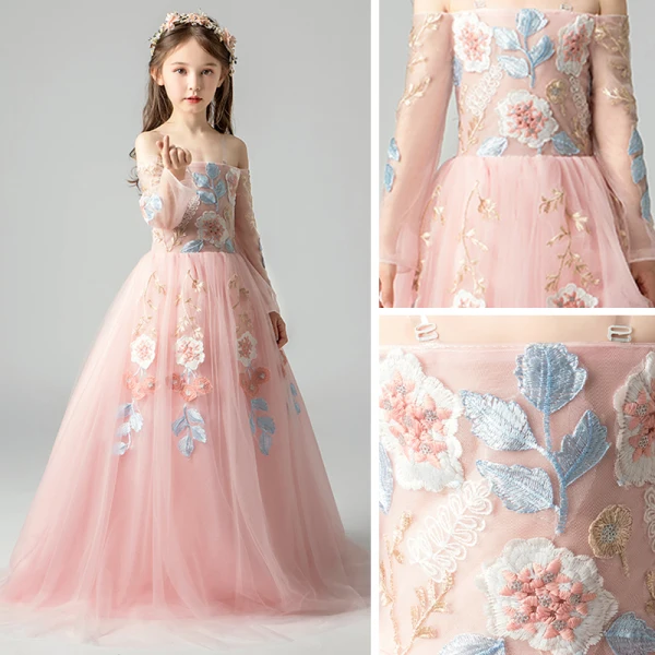 Elegant Pearl Pink Flower Girl Dresses 2019 A-Line / Princess Off-The-Shoulder Long Sleeve Appliques Lace Floor-Length / Long Ruffle Backless Wedding Party Dresses