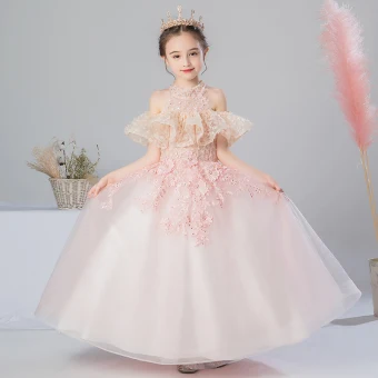 Romantique Perle Rose Robe Ceremonie Fille 2019 Princesse Col Haut Manches Courtes Appliques En Dentelle Perlage Perle Faux Diamant Longue Volants Dos Nu Robe Pour Mariage