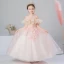 Romantic Pearl Pink Flower Girl Dresses 2019 A-Line / Princess High Neck Short Sleeve Appliques Lace Beading Pearl Rhinestone Floor-Length / Long Ruffle Backless Wedding Party Dresses