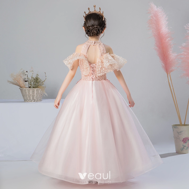 Romantique Perle Rose Robe Ceremonie Fille 2019 Princesse Col Haut Manches Courtes Appliques En Dentelle Perlage Perle Faux Diamant Longue Volants Dos Nu Robe Pour Mariage